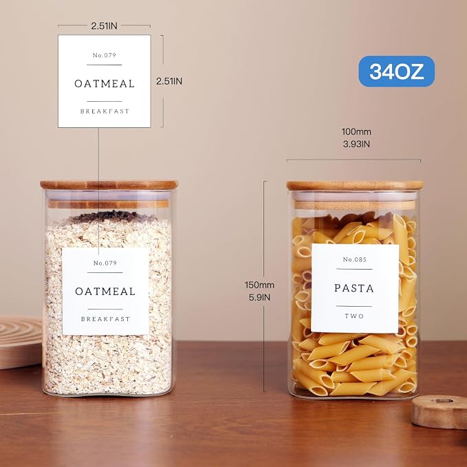 CZZGSM 6 Pack Square Kitchen Storage Jars with Airtight Bamboo Lids and 132 Pantry Labels - 35oz Glass Canisters With Wood Lids - Food Storage Containers for Coffee, Cookie, Tea, Spice - Image 4