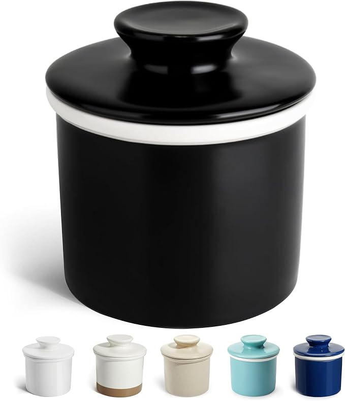 Sweese French Butter Dish with Lid - Butter Crock for Counter with Water Line for Spreadable Butter - No More Hard Butter - Matte Finish Black by Sweese
