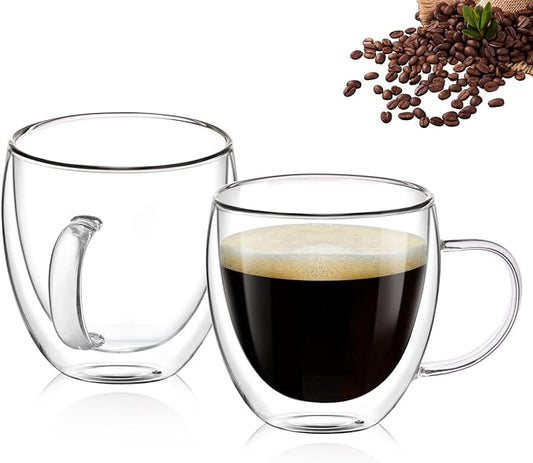 Espresso Cups Set of 2,Hand Blown 5oz Double Walled Insulated Espresso Coffee Mugs with Handle,Perfect for Cappuccino, Latte, Tea, Clear Glass Espresso Shot Cups Suitable for Coffee Machine by Potdoctor