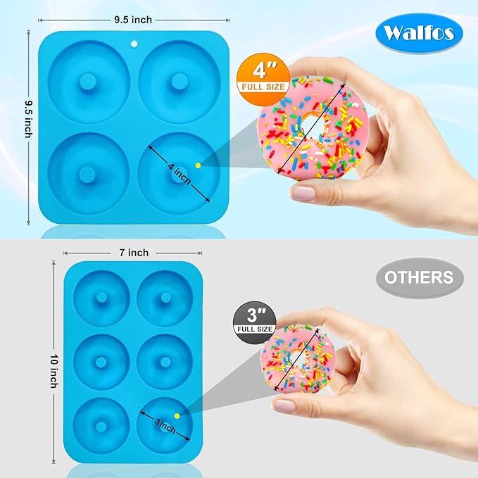 Walfos Full Size Silicone Donut Mold for Baking- 4 Inch Big Size Silicone Doughnut Pan Set for Donut Cake Biscuit Bagels, Heat Resistant, BPA FREE and Dishwasher Safe, Non-Stick, Just Pop Out! (4PK)