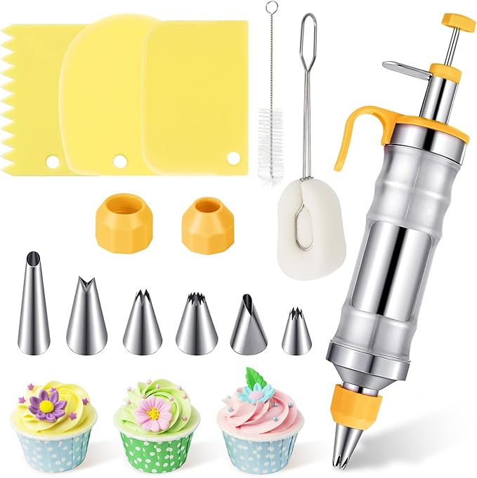 Dessert Decorating Syringe Set, Yellow Icing Decoration Set Stainless Steel Cupcake Injector/Decorating Icing Set with 6 Nozzle, 3 Scrapers, 2 Brushes for Baking Biscuit Cake Decoration (Yellow)