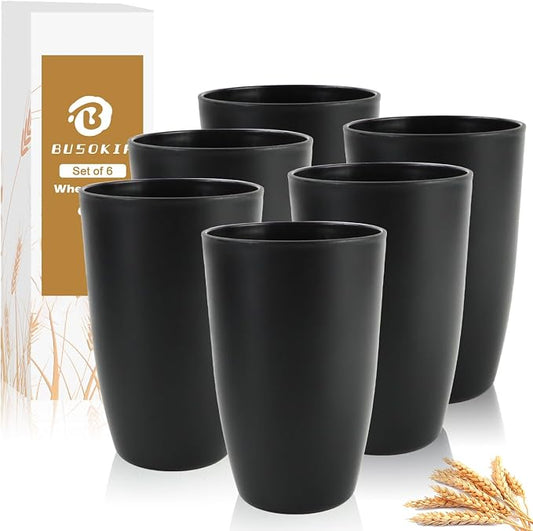20 OZ Wheat Straw Cups SetS of 6, Unbreakable Drinking Cup, Alternative to Plastic Cups Reusable, Microwave & Dishwasher Safe Big Cup, Large Drinking Glasses for Kitchen, Party (Black) by BUSOKIP