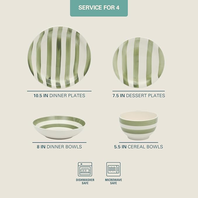 Gibson Home Kenwood Shores 16 Piece Dinnerware Set, Green Striped, Hand-Painted Stoneware, Plates and Bowls, Service for 4, Microwave & Dishwasher Safe - Image 2