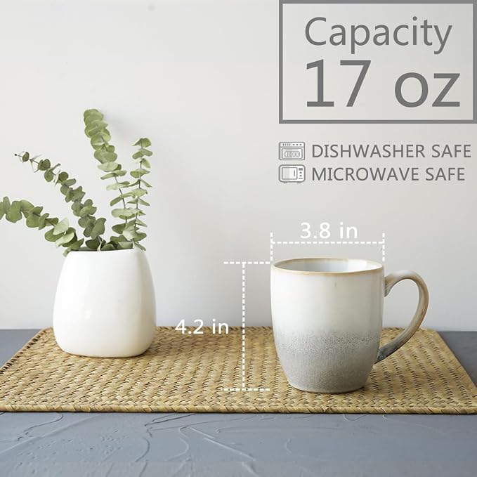 Bosmarlin Ceramic Coffee Mug Set of 4, 17 Oz, Coffee Cups with Big Handle, Microwave Safe, Unique Reactive Glaze (17 Oz, Grey White) - Image 2