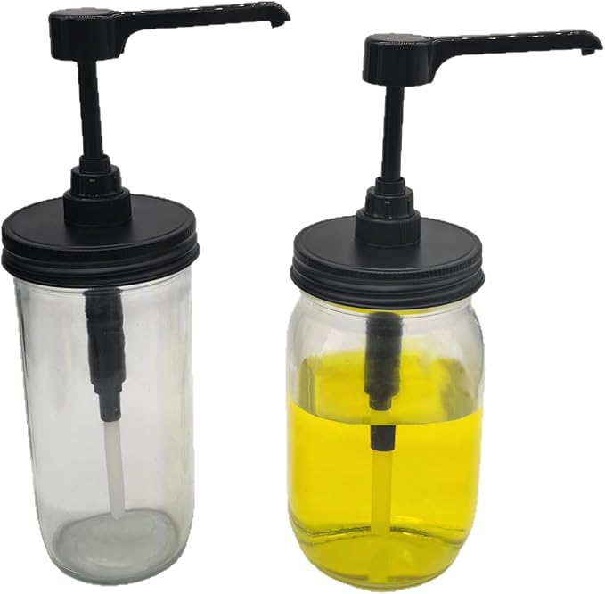 Long Nozzle Syrup Honey Dispenser Pump Lids for Mason Jar, Avoid Drip on Jar, Plastic Dispenser & Stainless Steel Lid for 3.38 Inch Wide Mouth Rust Proof Home Kitchen Jam Ketchup Sauce(2 Pack)