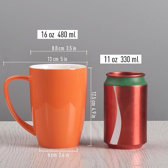 homEdge Porcelain Mug Set, 16 Ounces Cup for Tea, Latte, Mocha, Hot Chocolate, Set of 6, Orange - Image 7