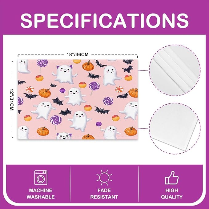 Feelyou Happy Halloween Placemats Set of 4 Cute Ghost Pumpkin Table Mats Orange Pink Place Mat for Kitchen Dining Table Party Decor Indoor Outdoor 18"x12" Non-Slip Easy to Clean Bats Pattern - Image 4