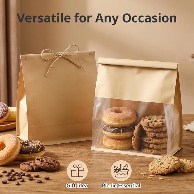 200 Pack Eco-Friendly Kraft Paper Bakery Bags with Clear Window, Reusable Tin Tie Tab Lock for Sealed Freshness, Baked Goods Packaging for Gifting and Bake Sale Small(5.1 * 11 * 3.9Inches) - Image 2