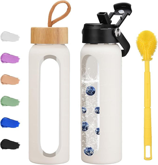 24 oz Glass Water Bottle with 2 Lids-Handle Straw Lid & Bamboo Lid,1 Liter Motivataional Tumbler Water Bottle Time Marker, Borosilicate Glass Water Bottles With Silicone Sleeve, Leakproof