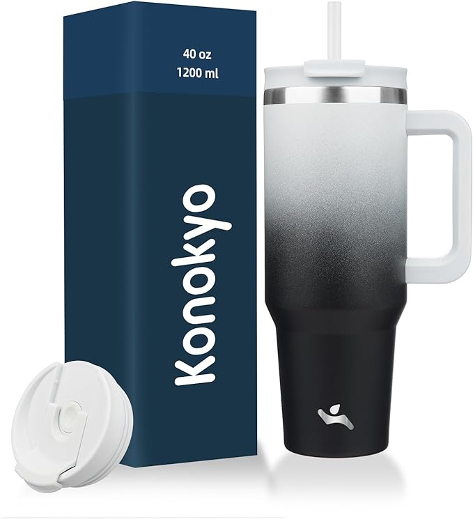 Konokyo 40 oz Insulated Tumbler Water Bottle with Handle, Straw Lid | BPA-free and dishwasher safe; made for gym, travel, coffee and gifting, 2 straws, cup holder friendly,Day Night by Konokyo
