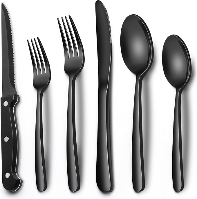 EWFEN 24-Piece Black Silverware Set with Steak Knives, Black Flatware Set for 4, Food-Grade Stainless Steel Tableware Cutlery Set, Mirror Finished Utensil Sets for Home Restaurant, Heavy Duty by EWFEN