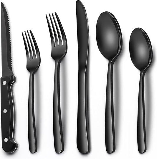 EWFEN 24-Piece Black Silverware Set with Steak Knives, Black Flatware Set for 4, Food-Grade Stainless Steel Tableware Cutlery Set, Mirror Finished Utensil Sets for Home Restaurant, Heavy Duty by EWFEN