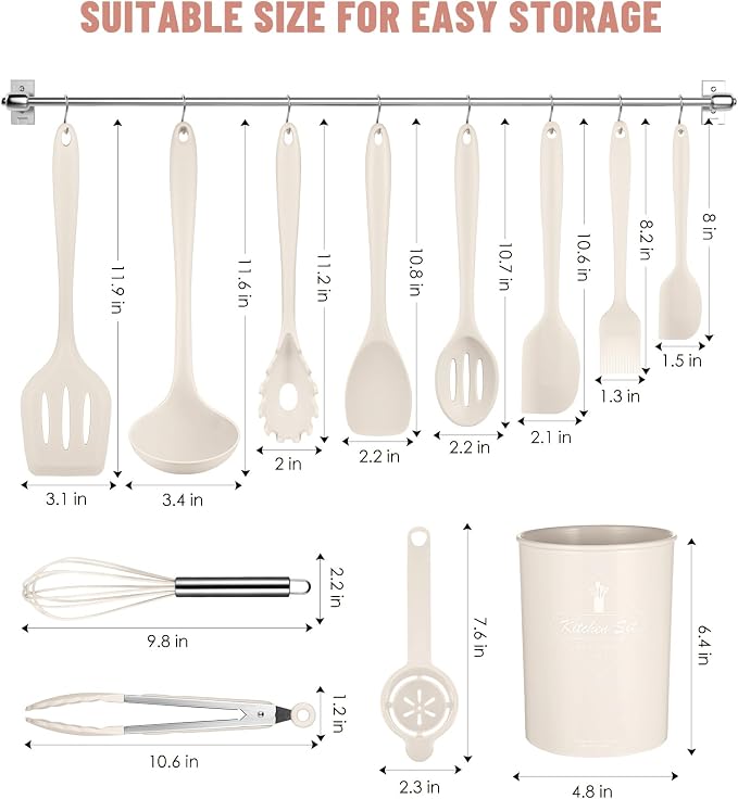 Khaki Kitchen Utensils Set-12 Pieces Silicone Cooking Utensils Set | Dishwasher Safe 392°F Heat Resistant Spatula Set Kitchen Utensil Set for Nonstick Cookware,Best Kitchen Tools with Holder - Image 2