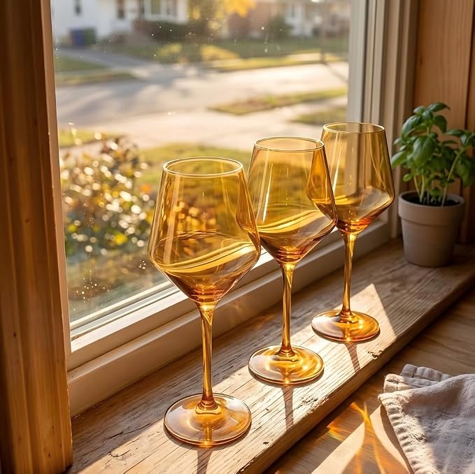 Amber Wine Glasses Set of 6 – 16oz Handblown Brown Wine Glasses for Home Dining, Parties & Gifts - Image 3