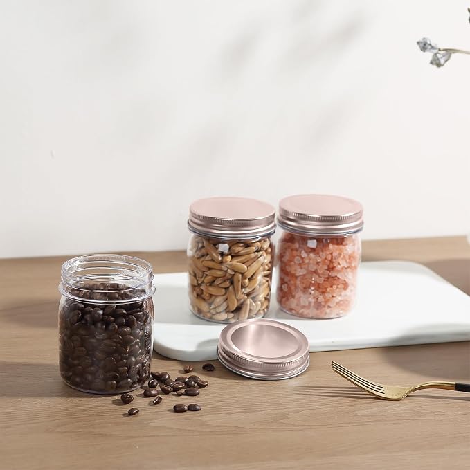 novelinks 8 oz Plastic Mason Jars and Clear Plastic Jars with Lids 8 oz | 48 Pack, Rose Gold, Plastic Containers with Lids, Small Mason Jars, Clear Jars Bulk, Spice Jars, Slime Jars, Mini Jars - Image 6