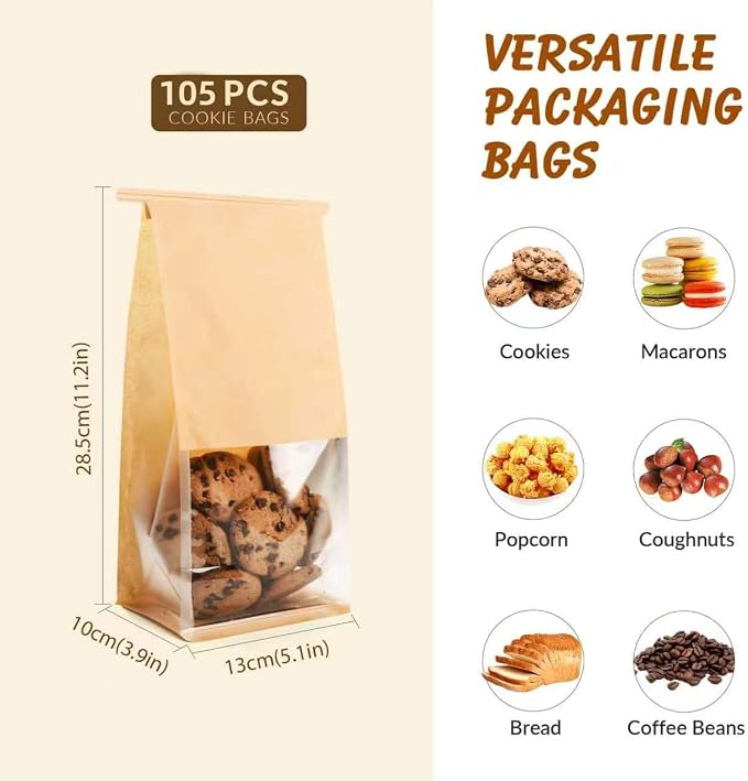 105 Pcs Small Bakery Bags with Window, Paper Cookie Bags | 3.9x5.1x11.2 Inches Ties Lock Resealable Paper Treat Bags for Homemade Breads, Popcorn, Candies,Snacks, Baked Goods Packagin - Image 2