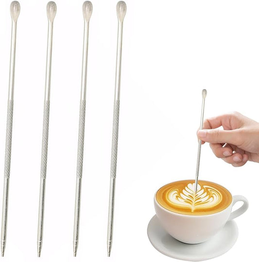 4 Pieces Latte Art Pen Cinnamon Pen for Coffee,Dual-Ended Latte Art Pen,Stainless Steel Silver,for Coffee Bar Barista Make Creative Coffee Designs Decors