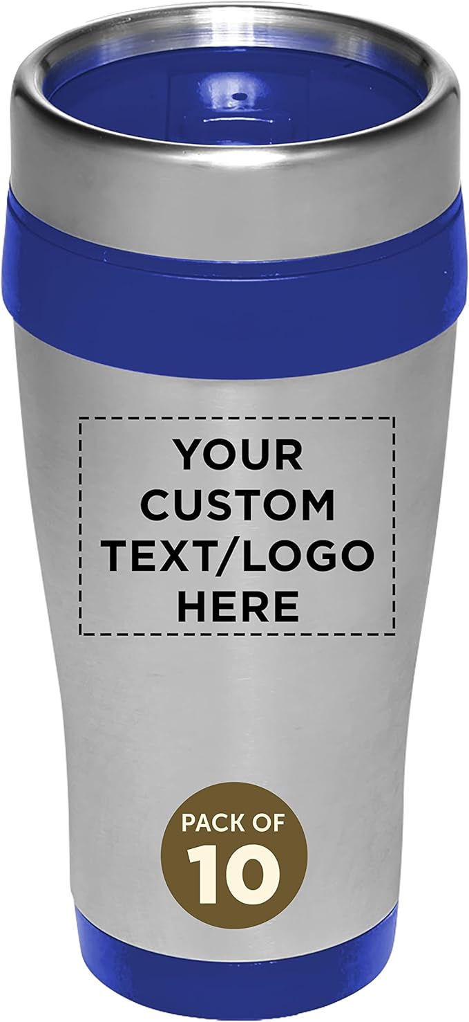 Custom Insulated Stainless Steel Travel Mugs 16 oz. Set of 10, Personalized Bulk Pack - Perfect for Coffee, Soda, Other Hot & Cold Beverages - Blue