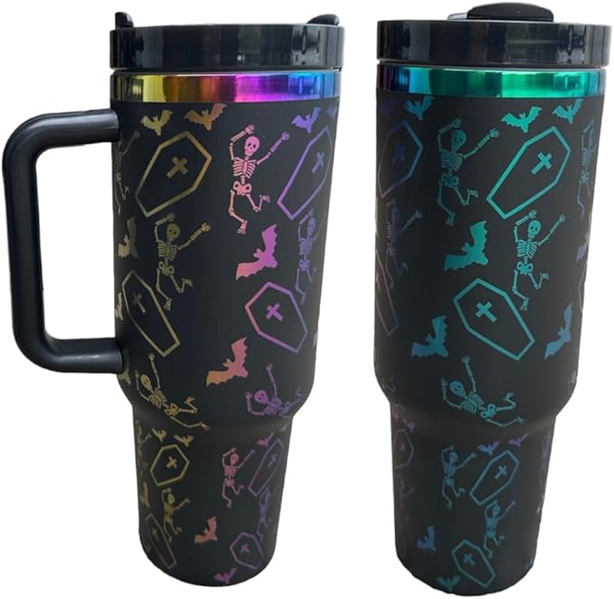 Western Engraved 40oz Tumbler, Tumbler with handle, Cowgirl Tumbler, Country Mug with Handle (Black/Rainbow-Bats)