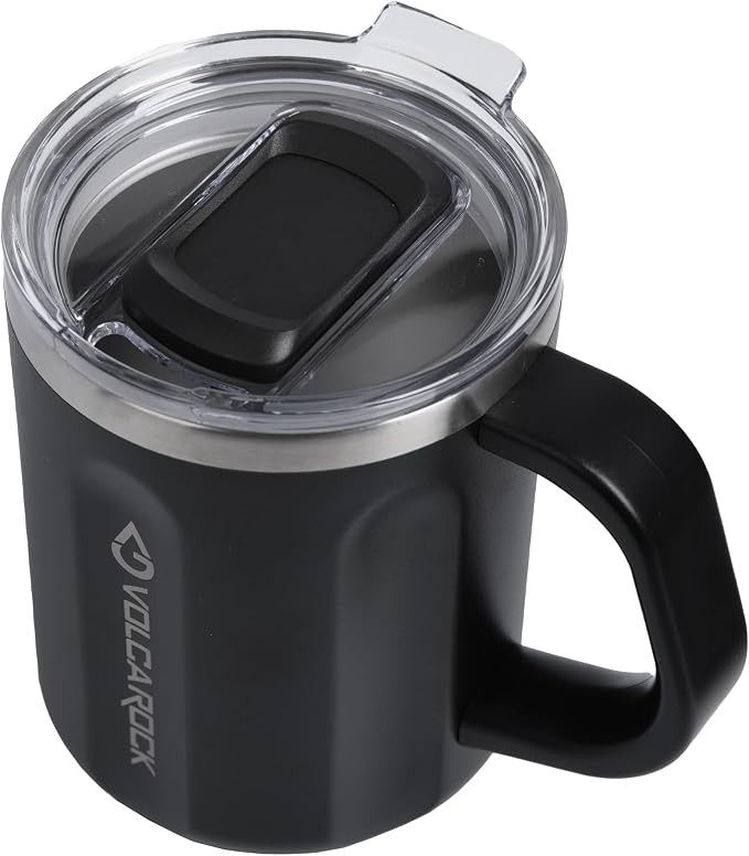 Stainless Steel Coffee Mug with Handle, 16 oz Double Wall Vacuum Insulated Travel Mug Tumbler With Slider Lid, Great Tea Mug for Men and Women (Black) by VOLCAROCK