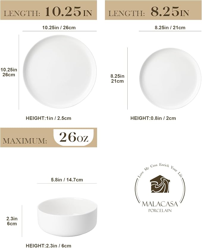 MALACASA Plates and Bowls Sets, 12 Pieces Porcelain Dinnerware Sets Dishware Sets Chip Resistant Ceramic Dish Set Dining Dinner Ware Service for 4, White, Series LUNA - Image 2