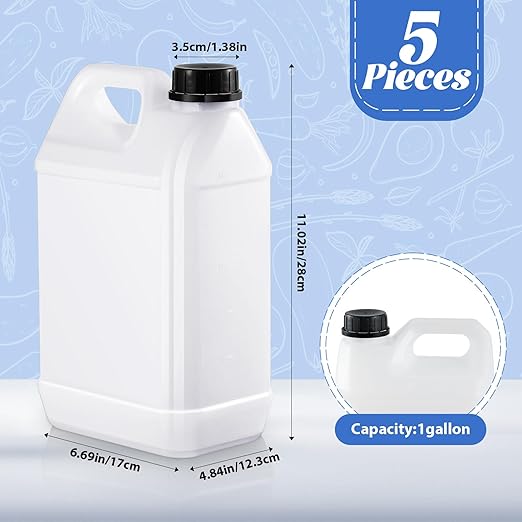 5 Pcs 1 Gallon Plastic Jug with Lids Square Empty Storage Containers HDPE Carboy Plastic Jar Containers for Water Beverage Oil Liquids (Translucent Color)