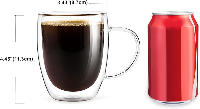 Double Wall Glass Coffee Mugs with Handle, Clear, 12 Ounces Tea Cups, Wedding Gifts, Heat Resistant, Set of 6