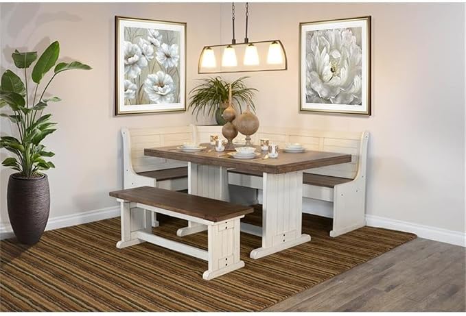 Pemberly Row Dining Set Wood, Rectangular in Off White (36" H x 75" W x 56" D) for Kitchen, Dining Room with Table, Reversable Benches, and Storage Space - Image 2