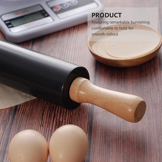Black Smooth Surface Dough Rolling Pin Non-stick Wooden and Alloy Baking Tool for Kitchen Use and Bread Making - Image 4