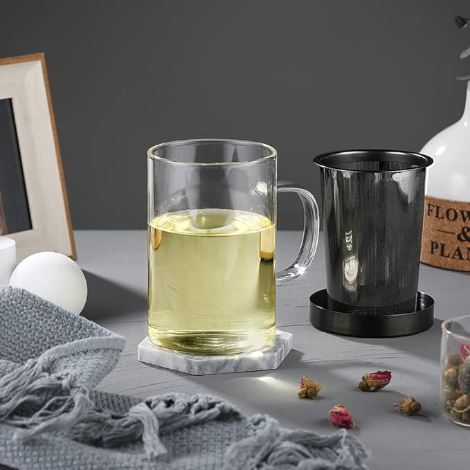 ecooe 16.9oz Glass Tea Cup with Infuser and Lid Clear Glass Tea Cup with Removable Stainless Steel Infuser & Lid, 500ml Teacup for Loose Leaf Tea, Tea Maker Gift for Birthday (Black Strainer)