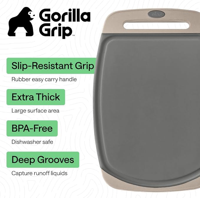 GORILLA GRIP BPA-Free Reversible Kitchen Cutting Board Set of 3, US Designed, Nonporous, Juice Grooves Catch Liquid, Slip Resistant Border, Dishwasher Safe, Durable Food Chopping Boards, Gray Almond - Image 2