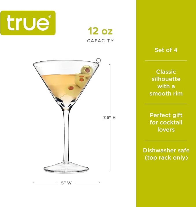 True Manhattan Martini Glass, Crystal Cocktail Coupes, Clear Glass, Cocktail glass set, Dishwasher Safe, Holds 12 oz., Set of 4 - Image 3