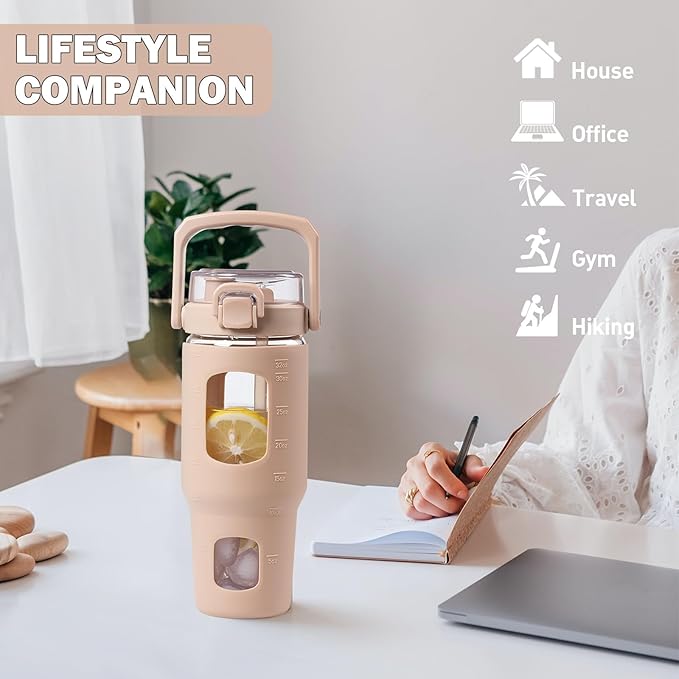 BLUEGO 32oz Glass Tumbler with Lid and Handle, Iced Coffee Cup with Straws, Glass Water Bottle with Silicone Sleeve and Volume, Marker Glass Cup with Time Marking, BPA Free, Amber