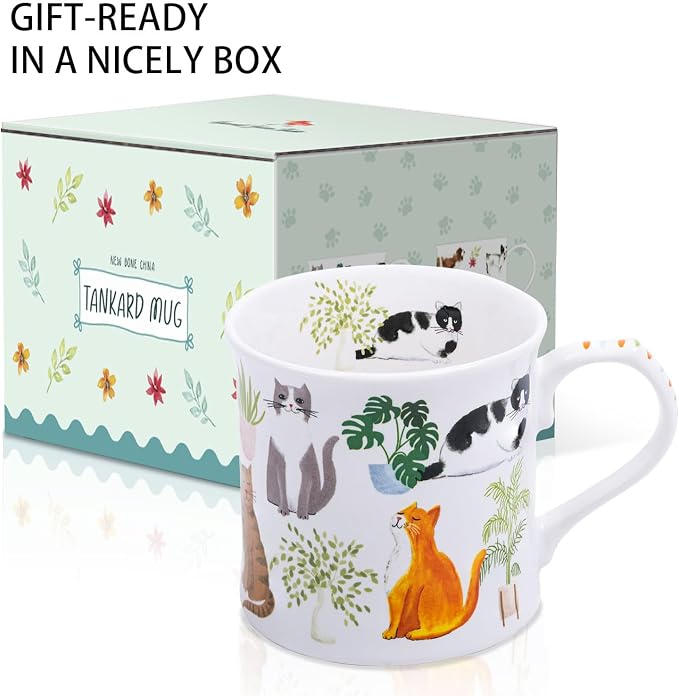 Cute Cats & Plants Coffee Mug - 12 oz Fine New Bone China Coffee Tea Cup with Kitten Design, Cat Mom Gifts for Women, Holiday Gift for Cat Lovers & Friends, Designed in England by Harvest Green Studio - Image 4