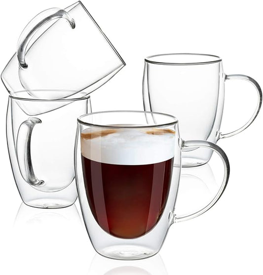MEWAY 12oz/4 pack Coffee Mugs,Clear Glass Double Wall Cup with handle for Coffee, Tea, Latte, Cappuccino (12 oz，4) by MEWAY
