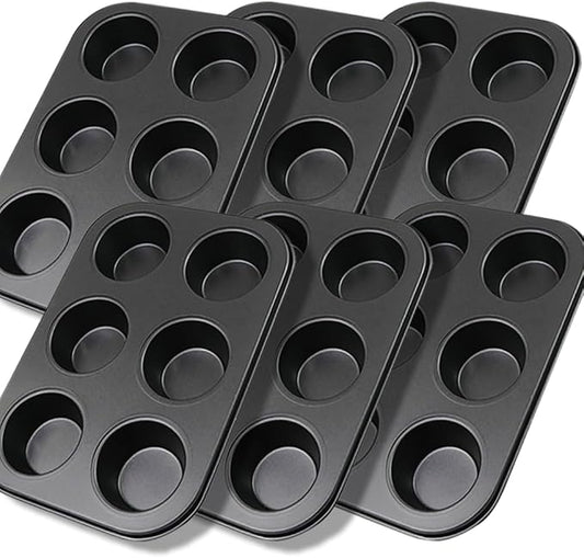 6 Packs Premium Steel Muffin Pan for Baking, Round Muffin Baking Pan, Baking Tray for Muffins, Cupcakes, Brownie(Black by ASBAYSON