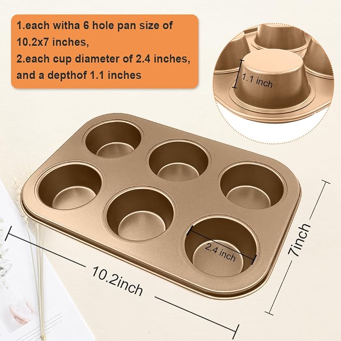 2 Packs Premium Steel Muffin Pan for Baking, Round Muffin Baking Pan, Baking Tray for Muffins, Cupcakes, Brownie(Gold, 6 Cup) - Image 2