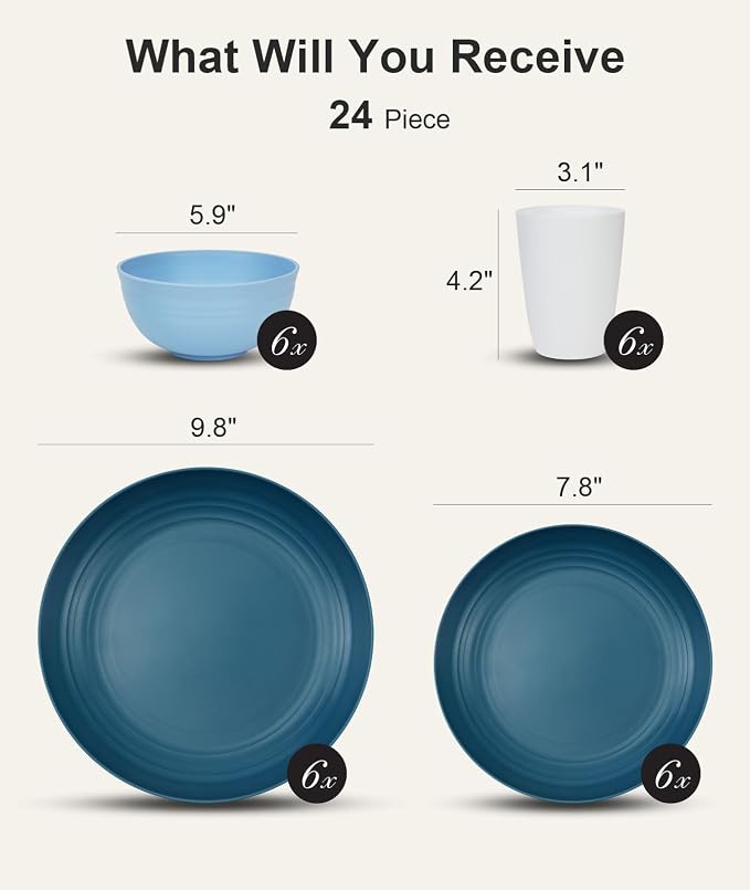 Quatish 24 Piece Plates and Bowls Sets for 6, Unbreakable Dinnerware Sets, Dish Set for Camping, Dishwasher Microwave Safe, Outdoor Kitchen and Apartment Dorm Dinning RV Essentials, Blue - Image 2
