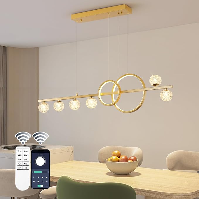 ORANOOR Modern Gold Chandeliers Pendant Light, 47in Dimmable LED Chandelier | Linear Gold Pendant Light for Kitchen Island Dining Room, 6 Globe Hanging Pendant Chandelier Lighting Fixture, 2 Rings 4200lm - Image 2
