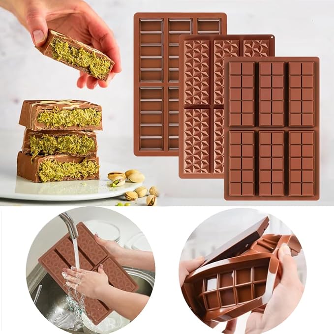 Dubai Chocolate Mold 3 Pack,0.5 Inch Deep Large and Thick Silicone Chocolate Bar Molds for Stuffed Bar,Big Chocolate Candy Bar Mold for Filling Knafeh Pistachio Chocolate Bar Kit