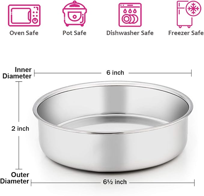 E-far 6 Inch Cake Pan Set of 2, Stainless Steel Round Smash Cake Baking Pans, Non-Toxic & Healthy, Mirror Finish & Dishwasher Safe - Image 2