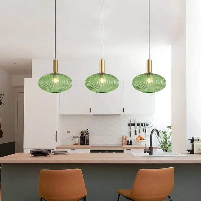 KCO Gold Brass 11.8” Large Vintage Green Ribbed Fluted Glass Pendant Light | E26 Adjustable Lantern Hanging Light for Sloped Ceiling Mid Century Modern Ceiling Light for Kitchen Island Sink Dining Room - Image 6