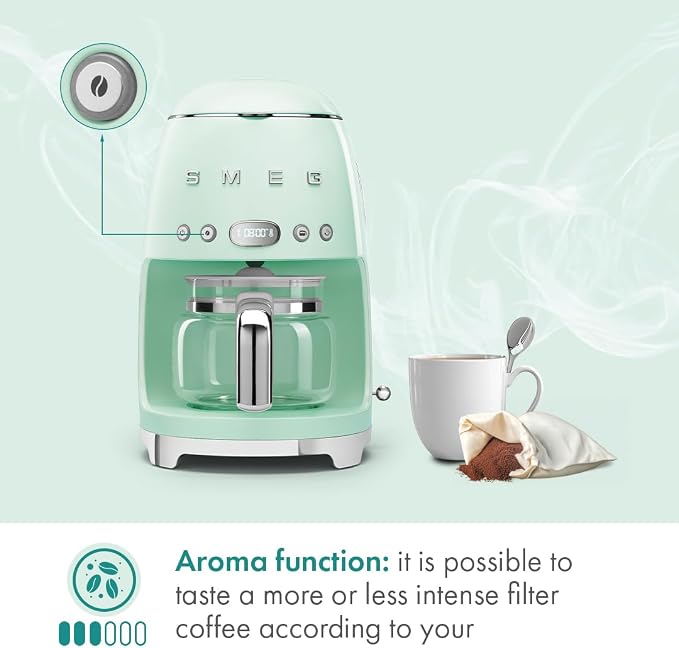 Smeg 50's Retro Style Aesthetic Drip Coffee Machine with 10 Cup Glass Carafe, Auto Start Feature, Keep Warm Plate, and Two Coffee Strength Settings (Pastel Green) - Image 6
