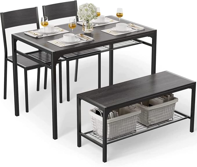Gizoon 4-Piece Dining Table Set for 4, Kitchen Table with Bench Black | Space-saving black 4-piece dinette set with metal storage rack. Includes 2 ergonomic chairs and 1 bench. Easy to clean. - Image 3