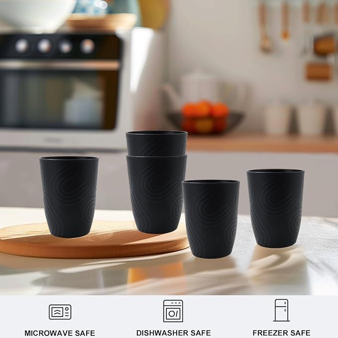 Wheat Straw Cups Sets of 6, Plastic Cups Reusable, Drinking Cup for Kitchen, Small Kids Cup, Unbreakable Water Cup, Dishwasher Safe Plastic Glasses for Kitchen, Camping, School (Black) - Image 5