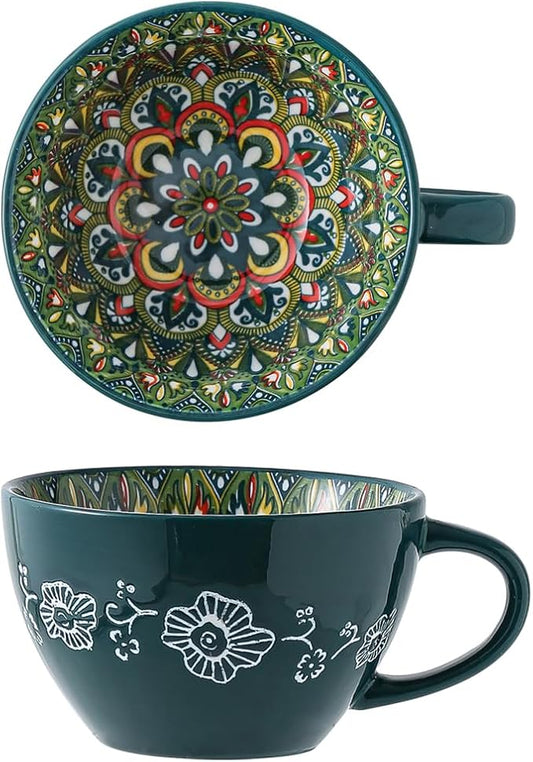 Bohemian Hand-Painted Ceramic Mug, 15 Oz Large Coffee Cup for Milk, Tea, and Breakfast, Dishwasher & Microwave Safe Artisan Cup, Green-J by Unknown