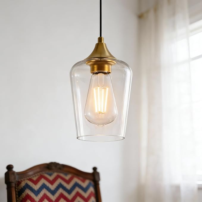 Ralbay Farmhouse Brushed Gold Pendant Light 3-Pack, Pendant Light Fixtures with Wine Clear Glass Shade, Kitchen Island Lighting for Dining Room, Rustic Adjustable Hanging Lighting Fixture - Image 9