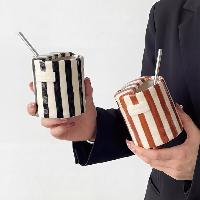 2 Pack Ceramic Coffee Mug with Sip Hole Espresso Cup 10oz with Straws Retro Hand Painted Striped Ceramic Iced Coffee Tea Travel Mug Latte Cup for Kitchen Dining (Simple,Brown,Black) - Image 6