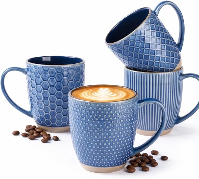 GBhome Large Coffee Mugs Set of 4, 16oz Handmade Embossed Coffee Mugs Set with Large Handle for Cappuccino/Latte/Tea/Hot Cocoa, Dishwasher & Microwave Safe, Blue by GBhome