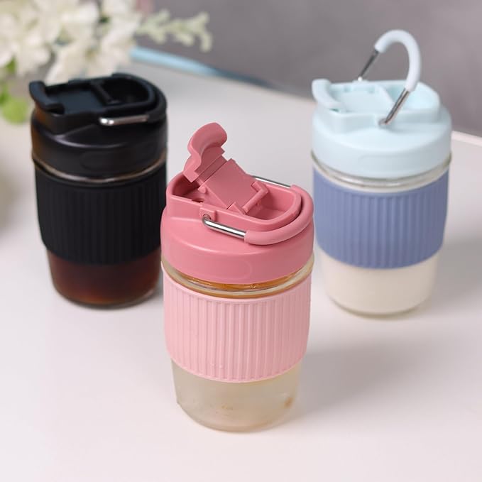 Sivaphe Reusable Glass Ice Hot Coffee Cup 16 oz, Portable Travel Mug with Spill-Proof Lid and Thermal Sleeve for Home Office Black